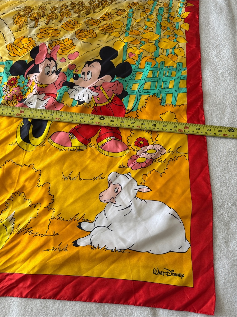 Vintage Handmade Disney Mickey Minnie Silk Scarf Red Yellow Farm Scene Chic - Picture 7 of 11